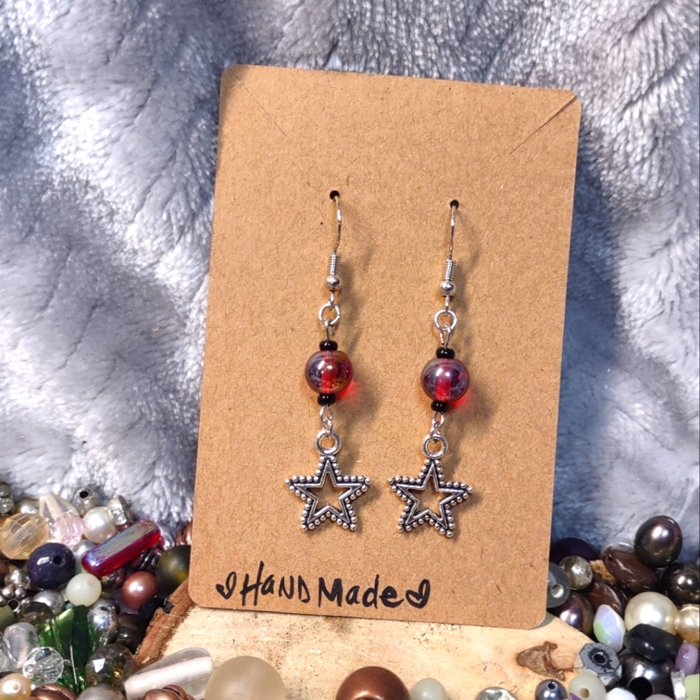 Red Beaded Star Charm Handmade Earrings